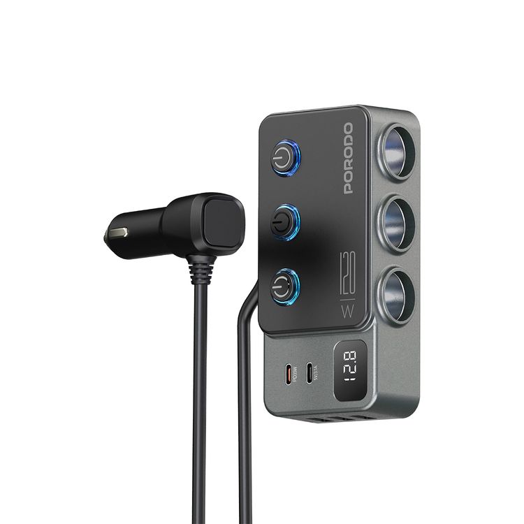 Porodo 120W Car Charger Hub with Triple-Port Lighter Sockets, 3 USB-A & 2 USB-C Ports, 35W PD, 65W QC, 95cm Cable, Real-Time Voltage Display, Independent Power Switch - Dark Gray