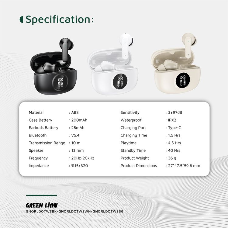 Green Lion Orlando True Wireless Earbuds with Digital Display, HiFi Sound, Built-in Microphone, Voice Assistant, 4.5 Hours Playtime, Type-C Charging - Beige
