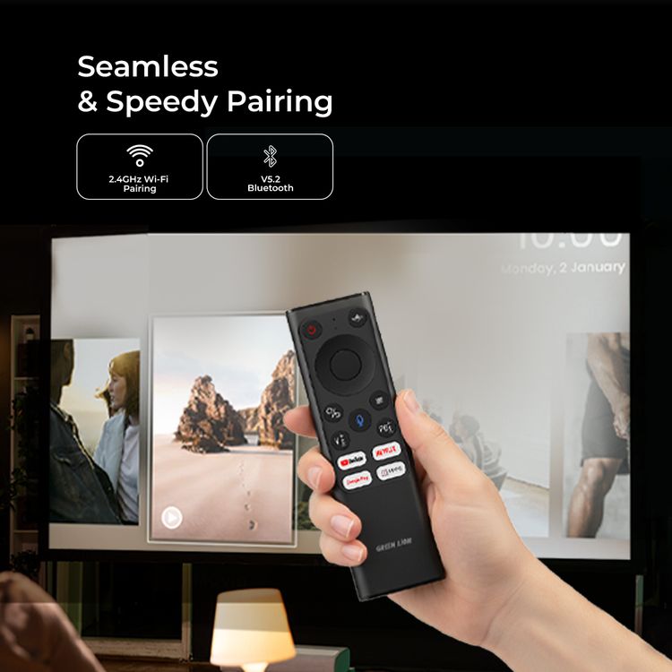 جهاز Green Lion Wireless Remote Pro مع لوحة مفاتيح وفأرة، اتصال 2.4G + بلوتوث، دقة 1200 DPI، منفذ شحن Type-C، مساعد صوتي، 61 مفتاح للوحة المفاتيح، سعة بطارية 300mAh، لوحة مفاتيح صغيرة – باللون الأسود.