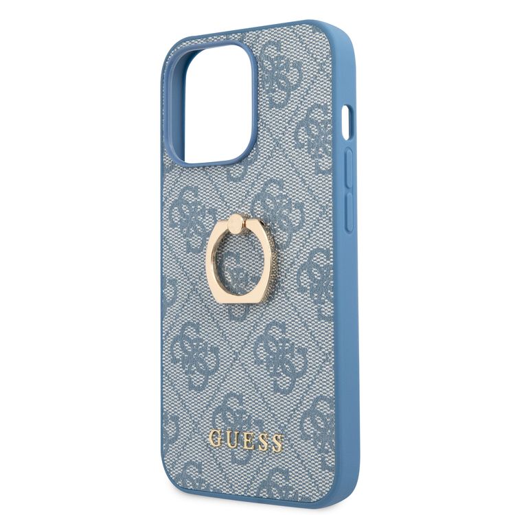 CG MOBILE Guess PU Leather 4G Case with 360° Rotating Ring Grip Holder Stand Compatible for iPhone 13 Pro (6.1") Suitable with Wireless Charging Officially Licensed - Blue