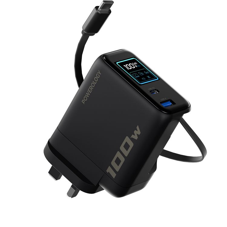 Powerology 100W TFT Adapter with Retractable Type-C Cable, GaN Technology, Ultra-Fast Charging, Multi-Device Charging, Built-in Safeguards, AI Temperature Protection, High Performance, Medium Load, Eco-Cool,  70cm Cable Length, 50/60 Hz Rated Frequency - Black