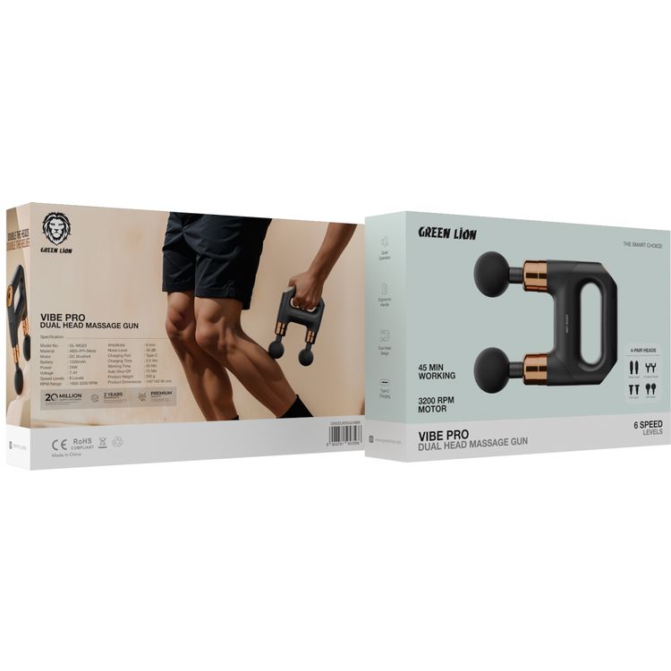 Green Lion Dual Head Massage Gun with 4×Double Massage Heads (Ball/U-Shaped/Flat/Bullet Heads), 45 Min Working Time, 6×Speed Levels, 3200 RPM Motor, Ergonomic Handle, Quiet Operation, Portable Handheld Body Massager for Neck, Shoulders, Back, Legs Pain Relief - Black