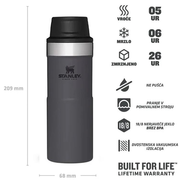 كوب سفر ستانلي كلاسيك تريجر أكشن سعة 355 مل، آمن للاستخدام في غسالة الأطباق، مزود بجدارين مع عزل مفرغ من الهواء - فحمي
