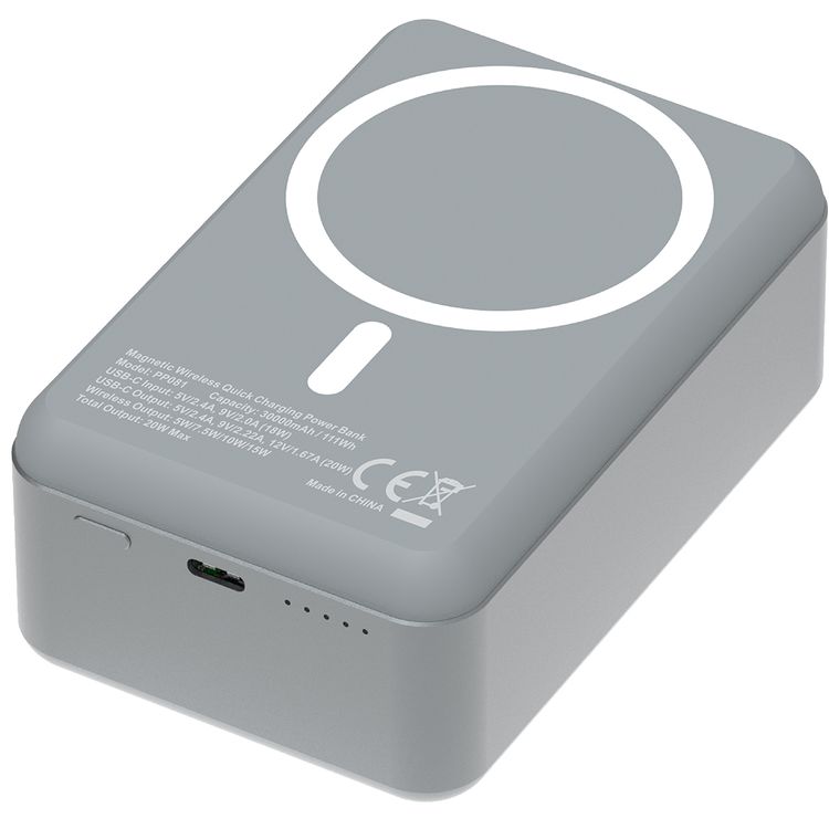 Powerology 30000mAh MagSafe Aluminum Power Bank with 20W Power Delivery, 15W Wireless Output, Li-Polymer Battery, Simultaneous Charging, Compact Design - Dark Gray