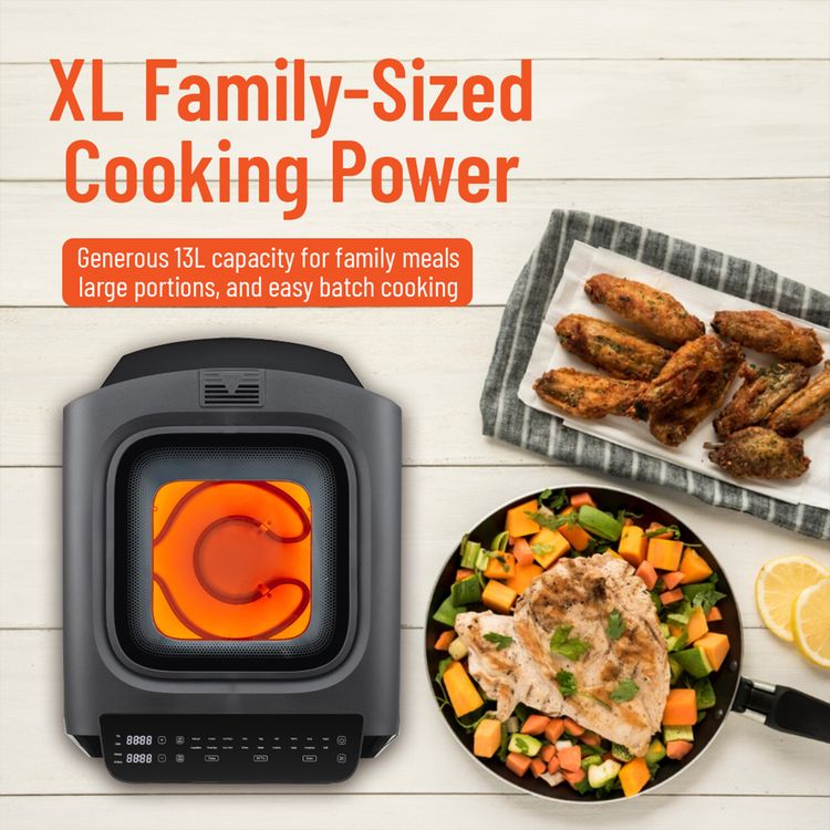 Porodo 3-in-1 Crisp Cook with Air Fryer, Pizza Mode, Oven Function, 13L Capacity, 18 Preset Cooking Modes, Intuitive Digital Control - Black