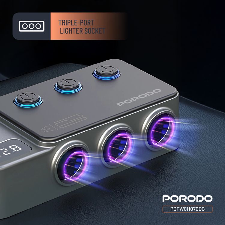 Porodo 120W Car Charger Hub with Triple-Port Lighter Sockets, 3 USB-A & 2 USB-C Ports, 35W PD, 65W QC, 95cm Cable, Real-Time Voltage Display, Independent Power Switch - Dark Gray