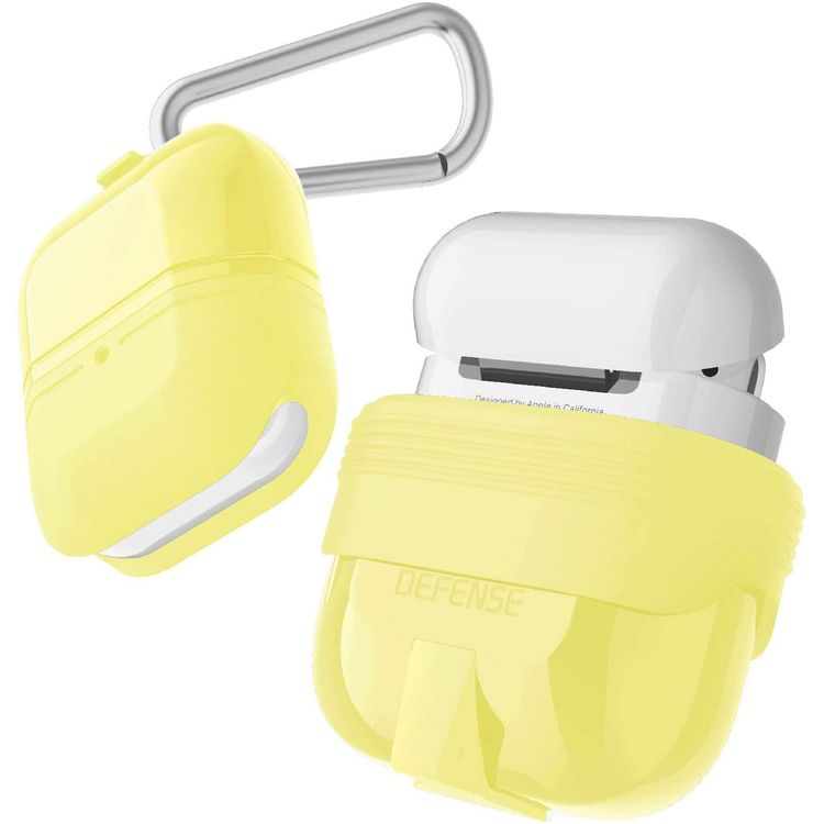 X-Doria Defense Journey Case for AirPods 1 & 2 with Detachable Carabiner & Loop, TPU & Silicone Material, Water & Dust Resistant, 360-Degree Full Protection, Anti-Scratch - Yellow
