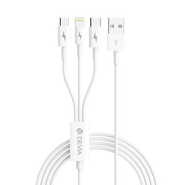 Devia Smart Series 3 in 1 Cable 1.2M, Compatible with Lightning Type, Type-C &Micro,Thermoplastic elastomers (TPE) and Acrylonitrile Butadiene Styrene (ABS) hybrid process - White