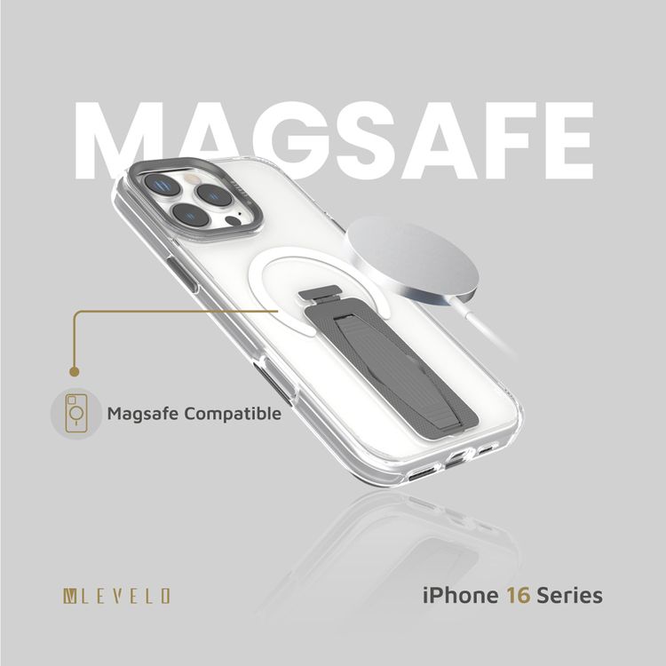 Levelo Morphix MagSafe Grip Case for iPhone 16 Pro Max, Impact Resistant Corners, Metal Camera Ring, Multi Functional Kickstand Premium Bayer TPU, Silicone Grip - Gray