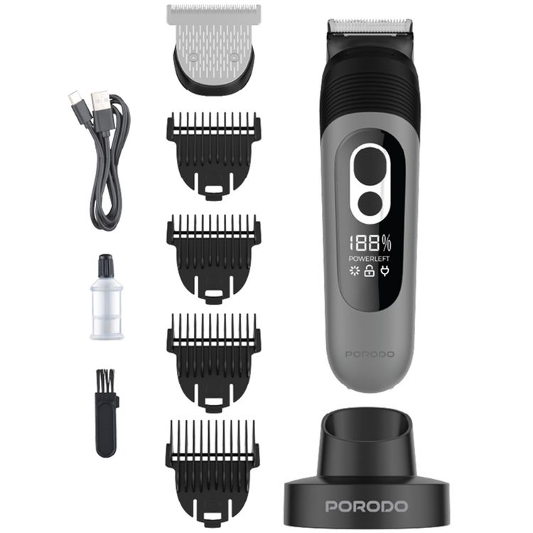 Porodo Lifestyle T-Blade Full-Body Grooming Kit with Metal Curved Blade, 90 Minutes Working Time, 600mAh Battery, USB-C Charging Port, Base, 2, 3, 6 & 9 mm Combs Included, 5W Rated Power, Wet & Dry Shaving - Black