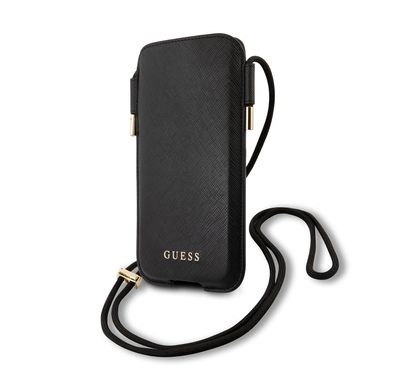 CG MOBILE Guess Saffiano Classic Crossbody Pouch Case with Cord for iPhone 12 / 12 Pro ( 6.1" ) Anti-Fall Necklace, Adjustable Neck Cord Lanyard Strap Officially Licensed Black