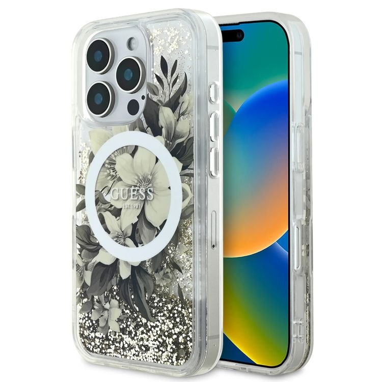 GUESS MagSafe Liquid Glitter Hard Case with Flower Design for iPhone 16 Pro Max, Drop Protection, Accurate Cutouts, Shock-Absorption, Slim Profile - Beige