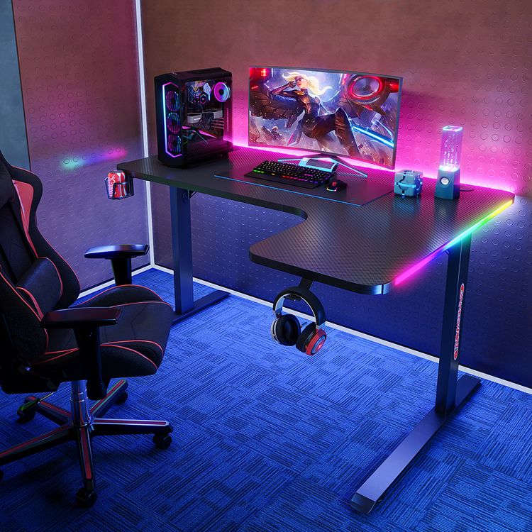 Porodo Gaming Xcommand Carbon Fiber Material Gaming Table with Headphone Mount, Large Surface, Carbon Fiber, Heat Resistant, Water Resistant, Remote Control,  Patented Design, Textured Chipboard,  Cup Holder, RGB Panel - Black