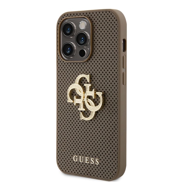 Guess Perforated PU Leather Case with 4G Glitter  - Taupe - iPhone 15 Pro