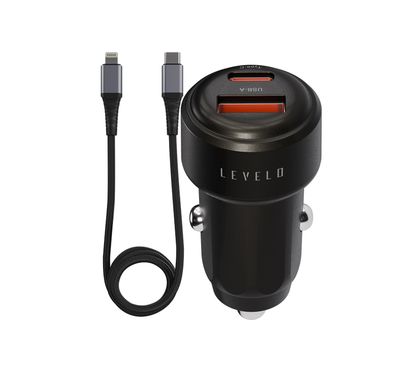 Levelo Nori Mini 60W Car Charger with USB-C to Lightning Cable, USB-C & USB-A Ports, Fast Charging, 60W Power Delivery, 12-24V Input Power, Durable Material - Gun Gray