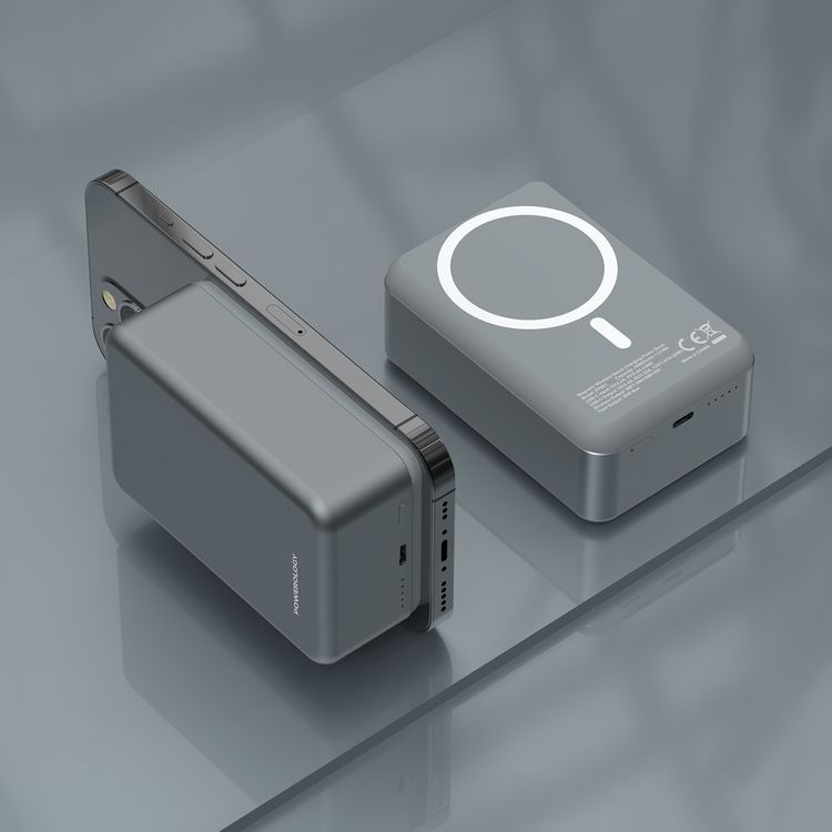 Powerology 30000mAh MagSafe Aluminum Power Bank with 20W Power Delivery, 15W Wireless Output, Li-Polymer Battery, Simultaneous Charging, Compact Design - Dark Gray