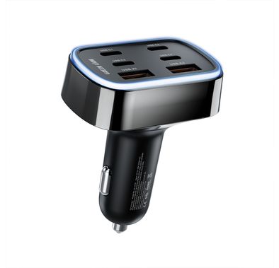 Green Lion 6-in-1 High Drive Car Charger with 4 USB-C Ports, 2 USB-A Ports, Flame Retardant PC, Simultaneous Charging, LED Soft Glow, QC 3.0 30W Max, PD 35W Fast Charging, PC + Zinc Alloy Material - Black