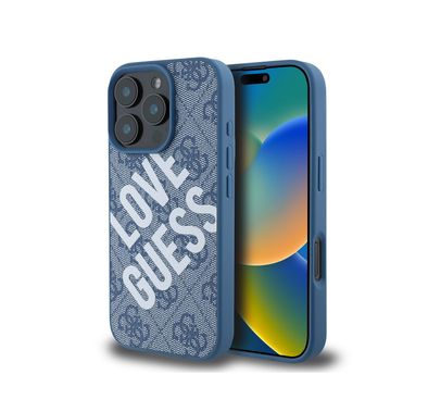 Guess PU 4G Hard Case with Big Love Guess Logo For iPhone 16 Pro Max, High Quality Material, Lightweight, Easy Snap-on - Blue