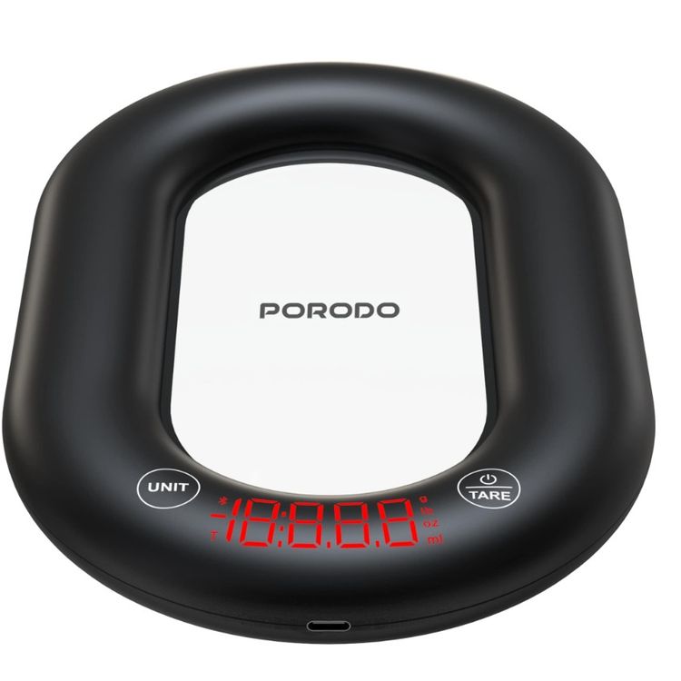 Porodo Glass Design Smart Kitchen Digital Scale with Bluetooth App Sync, 10kg Weight Capacity, 1g Division, g / mL / oz Units, Tempered Glass Platform, 250mAh Battery, Fast Unit Switch - Black