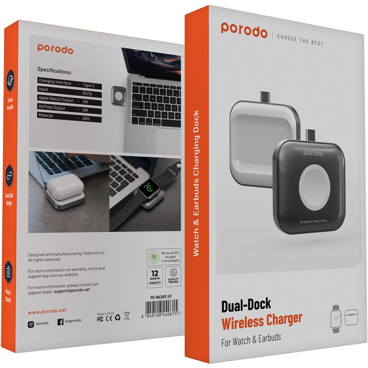 Porodo Dual-Dock Wireless Charger for Apple Watch & AirPods, Travel Friendly, 3W Apple Watch Output, 5W AirPods Output, Plug & Charge, Type-C Charging - Gray