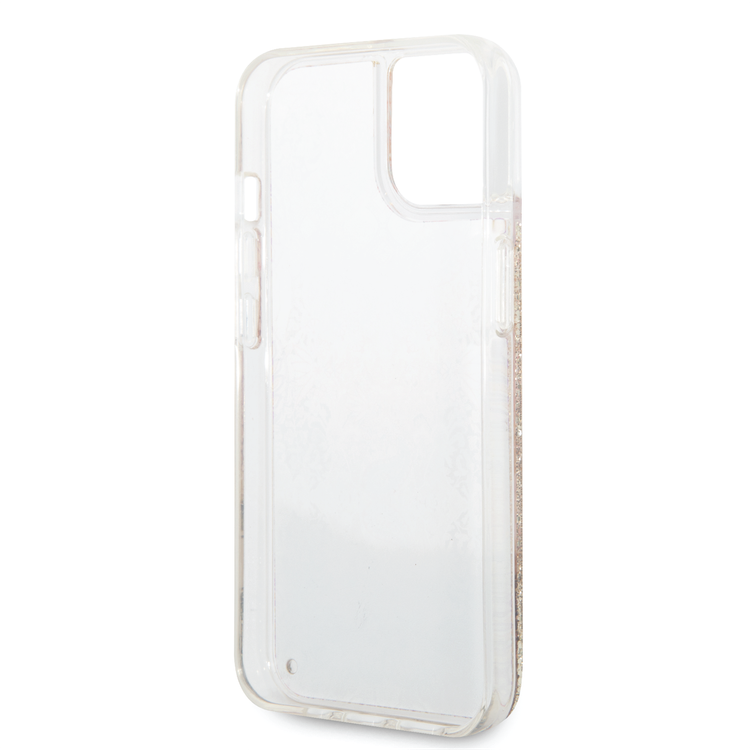 Guess Liquid Glitter Case with Flower Pattern Extra Shine Smooth Touch Feel iPhone 14 Compatibility - Gold