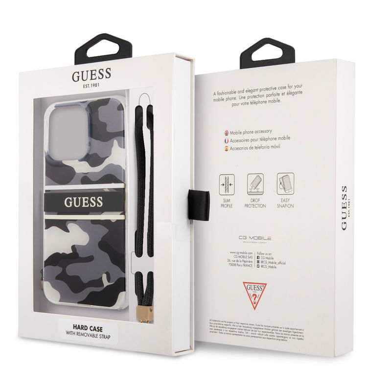 CG MOBILE Guess PC/TPU Case Camo Design & Stripe with Nylon Strap Compatible for iPhone 13 Pro Max (6.7") Back Cover Suitable with Wireless Charging Officially Licensed - Black