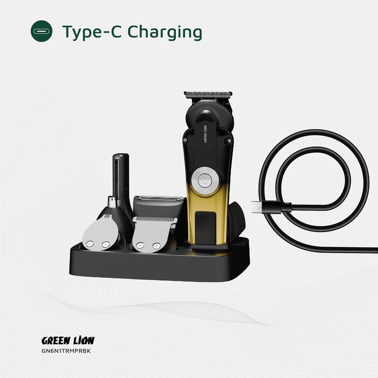 Green Lion 6-in-1 Trim Pro Grooming Kit with 3/6/9/12mm Limit Combs, Digital Display, Storage Base, Type-C Charging, 2 Speed Levels, 2 Hours Working - Black