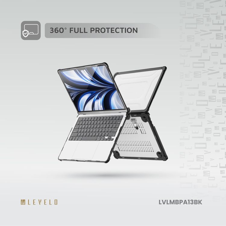 Levelo Espectro Case for MacBook Air 13.6" (2022-2024), 360° Full Protection, Foldable Stand Design, Built-in Air Vents, Shock-Proof Edges, Easy Installation & Removal - Black
