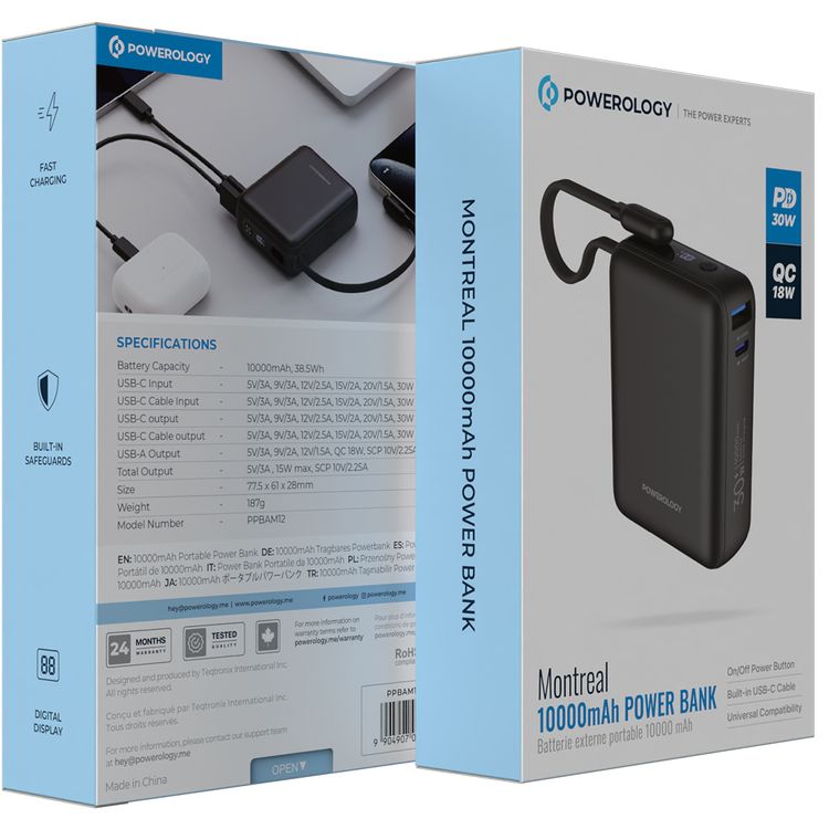 باور بانك باورولوجي مونتريال بسعة 10000 مللي أمبير/ساعة مع كابل من النوع C، PD 30 واط، QC 18 واط، منافذ USB-A وUSB-C، شحن سريع، حماية مدمجة، لوحة عرض - أسود