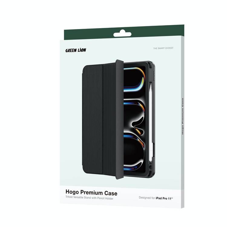 Green Lion Hogo Premium Case with Pencil Holder for iPad Pro 11", Ultra Slim Fit, Stable Tri-Fold Stand, Built-in Pencil Holder, Magnetic Smart Cover, Auto Sleep/Wake - Black