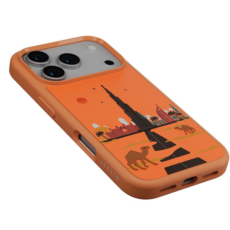 Levelo Vallo PU Leather Case for iPhone 17 Pro with Embroidery Dubai Finish, Comfortable Hold, Durable PU Leather, Raised Bezels for Camera and Screen, True Microfiber Interior Lining, Scratch & Wear Resistant, Shock-Resistant Bumper - Sunrise Orange
