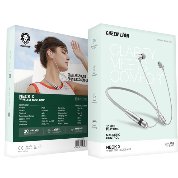 Green Lion Neck X Wireless Neckband with Magnetic Control, Comfortable to Wear, IPX3 Water Resistance Level, Type-C Charging Port - Silver