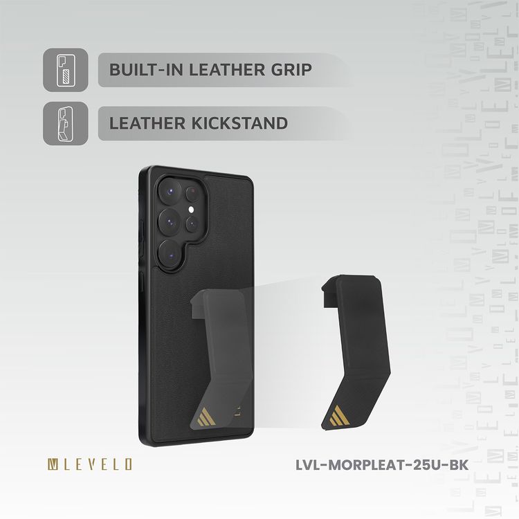 Levelo Morphix PU Leather Case for Samsung Galaxy S25 Ultra, Built-in Leather Kickstand, Scratch-Resistant, Impact-Resistant Corners, Hybrid Case - Black
