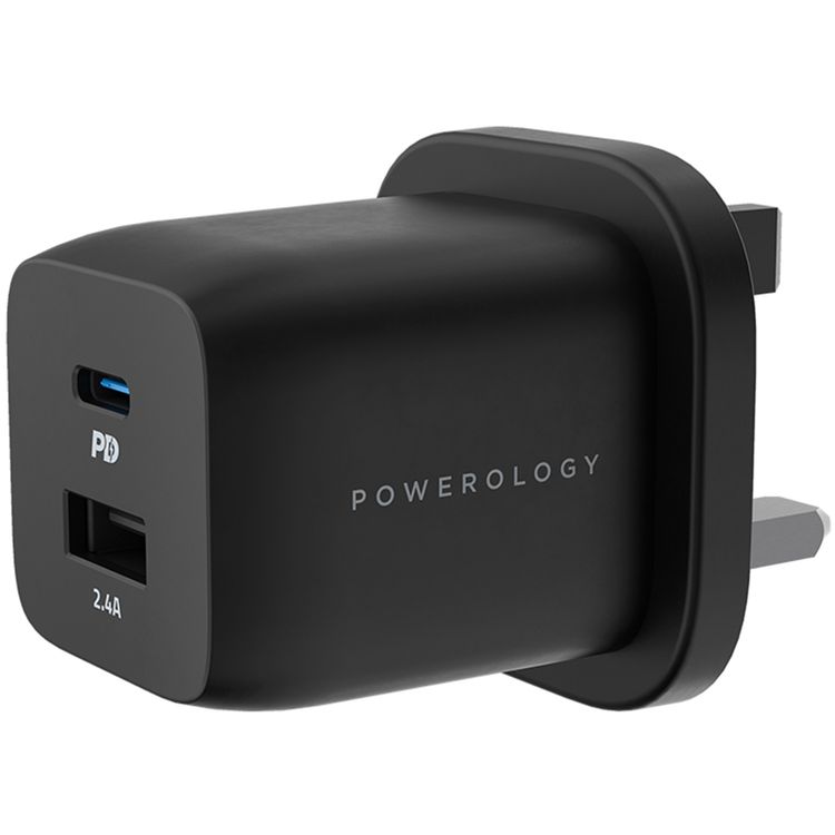 Powerology Ultra-Quick 35W GaN Charger with Type-C to Lightning Cable, 1.2m Cable Length, 35W USB-C Output, Built-in Safeguards, 0%-60% Charge in 35 Minutes - Black