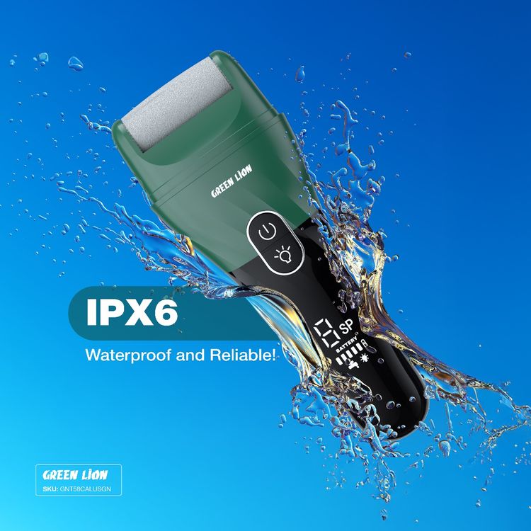 Green Lion Callus Remover with Protective Cap, 3 Detachable Roller Heads, Digital Display, 2 Speed Levels, 5W Power, 20 Minutes Auto Power-Off Function, Dual-Pin Charging Port - Green