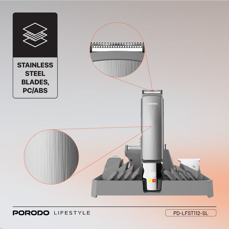 Porodo Lifestyle 14-in-1 Trimming Kit with IPX6 Waterproof Rating, Length Customization, Cord & Cordless Use,  600 mAh Battery Capacity - Silver 