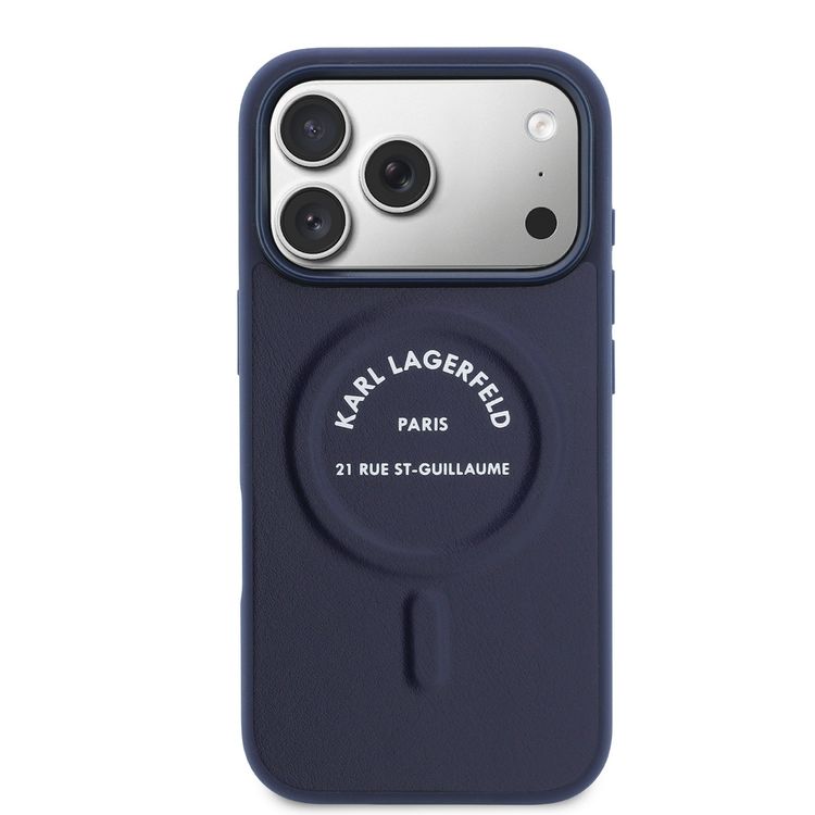 حافظة Karl Lagerfeld MagSafe من مادة PU مع أزرار بشعار Karl RSG لجهاز iPhone 17 Pro Max، تصميم نحيف، سهلة التركيب، تغليف مستدام، مريحة في الاستخدام، حماية من السقوط، تصميم خفيف الوزن - لون كحلي