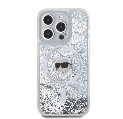 Karl Lagerfeld Magsafe Liquid Glitter Hard Case with Karl Head for iPhone 16 Pro Max, Drop and shock protection, Slim and Lightweight, Precise port Cutouts - Clear