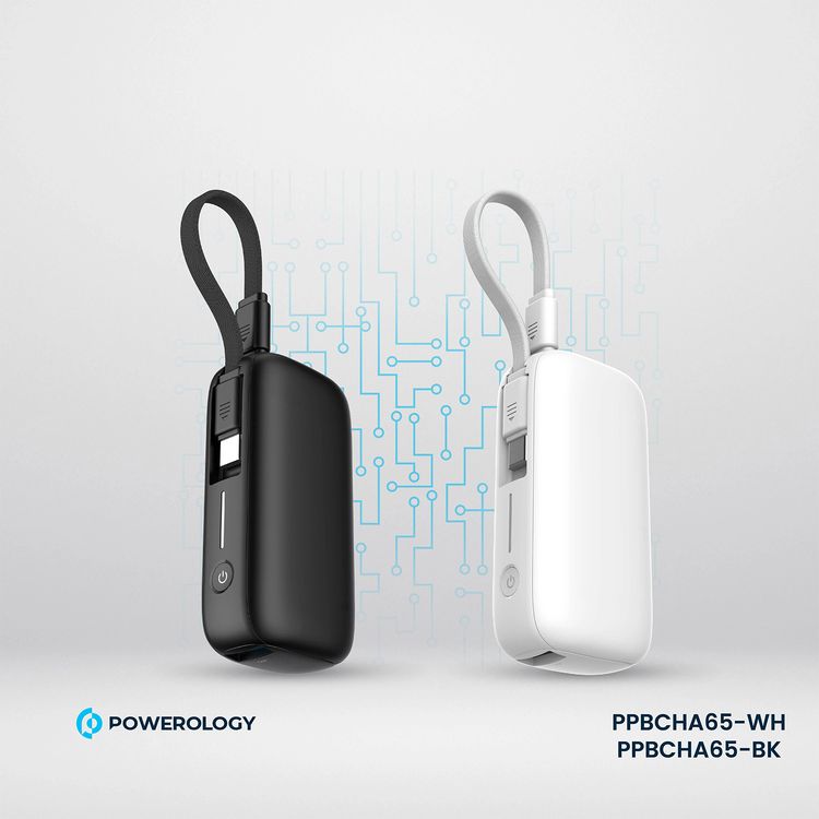 بنك طاقة Powerology بسعة 5000 مللي أمبير في الساعة مع سلك USB-C قابل للإزالة، وتقنية شحن متقدمة، وشحن لجهازين، وصغير الحجم وقابل للحمل، مع حماية مدمجة، وتوصيل طاقة بقوة 20 وات - أبيض