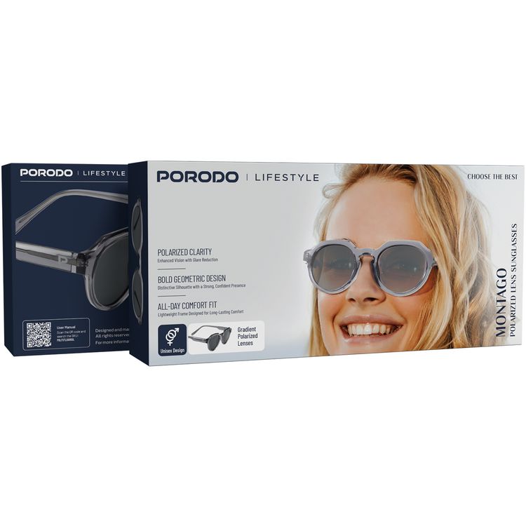 Porodo Lifestyle Montago Polarized Lens Sunglasses with Flexible Stainless Steel Temples, Scratch-Resistant Lenses, Bold Geometric Design, UV400 Protection, Glare-Free Vision, All-Day Comfort Fit, Unisex Design - Silver