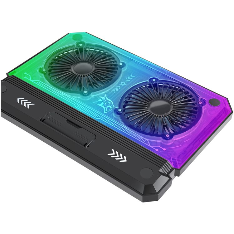 Porodo Gaming Crystal Shell Laptop Cooling Pad with Phone Holder, ABS, Metal & PC Material, 2 Fans, USB-A & USB-C Ports, 10-17" Devices Compatible, Anti-Slip Base, Ergonomic Design, Plug & Play - Black 