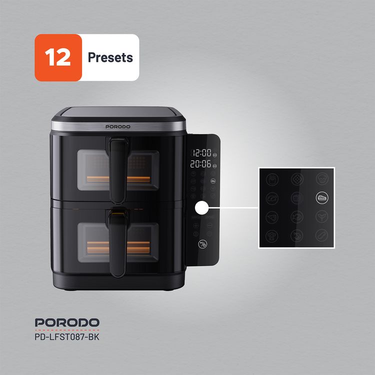 Porodo Lifestyle Double Stack Air Fryer, 11L Capacity, 2800W Power, 220-240V Voltage, 50-60Hz Frequency, 12 Presets, Touch Control - Black