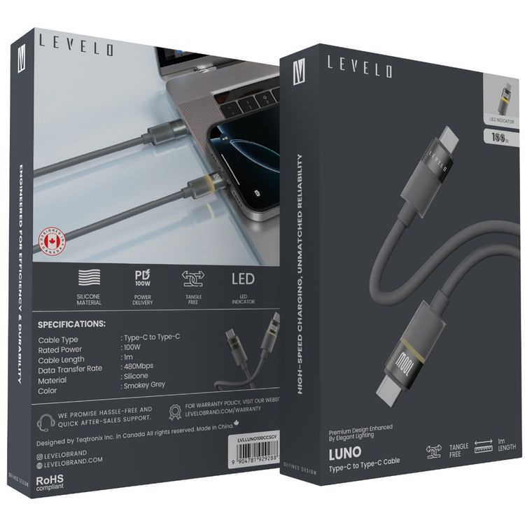 Levelo Luno USB-C to USB-C Cable with 100W Power Delivery, 1m Cable Length, 480Mbps Data Transfer Speed, Silicone Material, Tangle-Free, LED Indicator - Smokey Gray