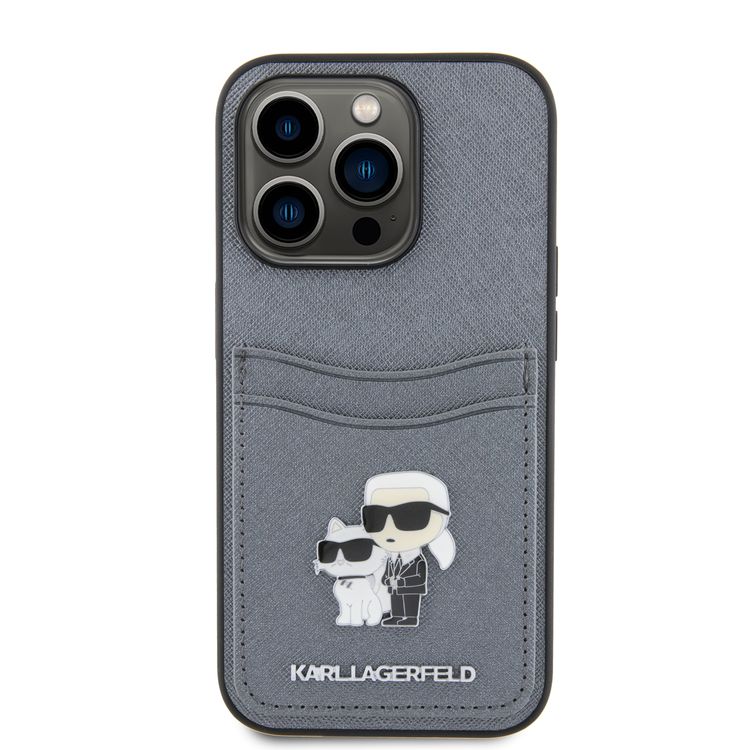 Karl Lagerfeld Saffiano Case with Cardslots and Karl Legerfeld Choupette Heads Metal Pin - Grey - iPhone 15 Pro