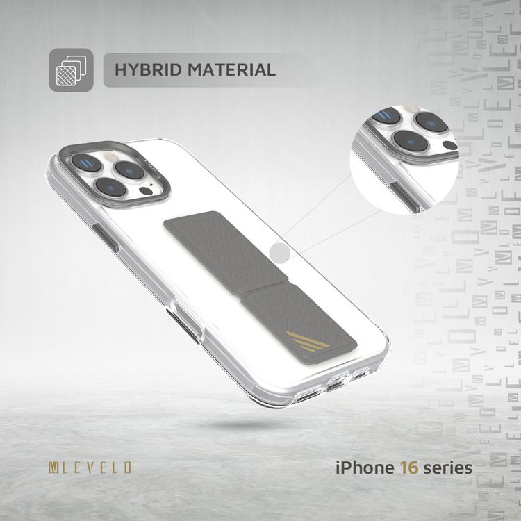 Levelo Morphix Clara Case for iPhone 16 Pro Max, Hybrid Material, Impact-Resistant Corners, Built-in Leather Grip, Metal Camera Ring - Gray