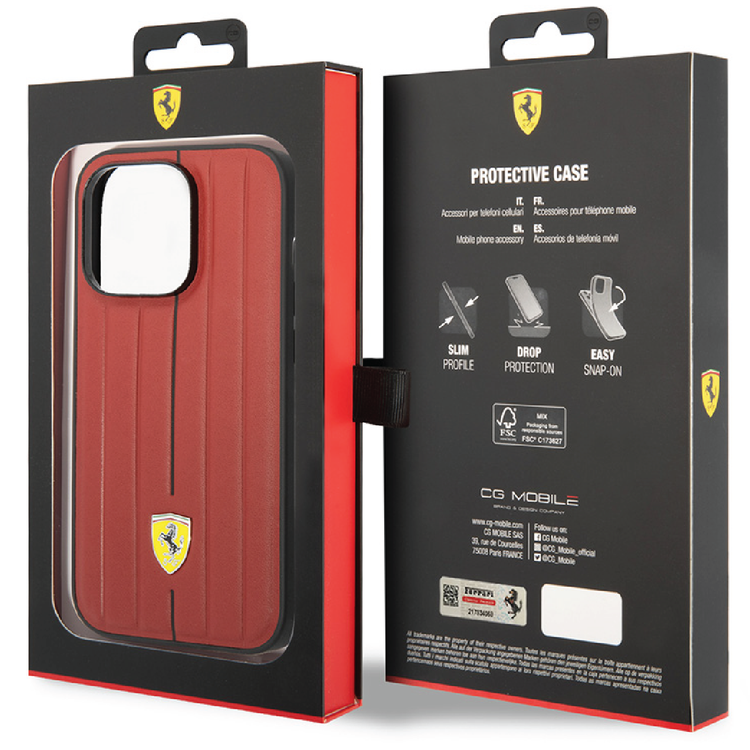 Ferrari Leather Case With Embossed Stripes & Yellow Shield Logo - iPhone 14 Plus - Red