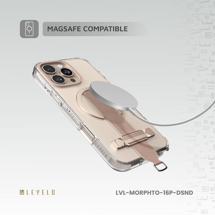 Levelo Morphix Trio Case for iPhone 16 Pro with Built-in Kickstand, Metal Camera Edge, MagSafe Compatible, Impact-Resistant Corners, Grip Strap & Metal Hook, Anti Yellowing - Desert Sand