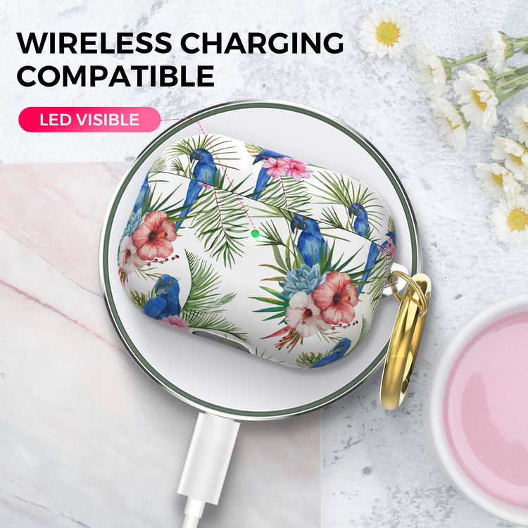 AhaStyle Premium TPU Rugged Hard Shell Design Case with Anti-Lost Ring Compatible for AirPods Pro, Scratch Resistant, Shock Absorption, Drop Protection, & Dustproof Protective Hard Shell Cover Suitable with Wireless Charging - Parrot - AirPods Pro