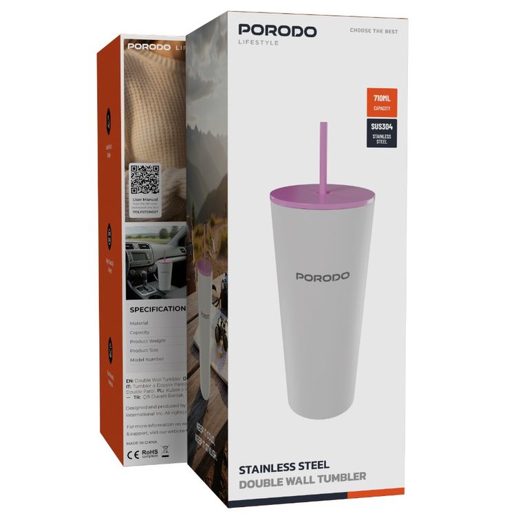 Porodo Stainless Steel Double Wall Tumbler with 710mL Capacity, Eco-Friendly Material, Leak-Proof & High-Capacity Design - White