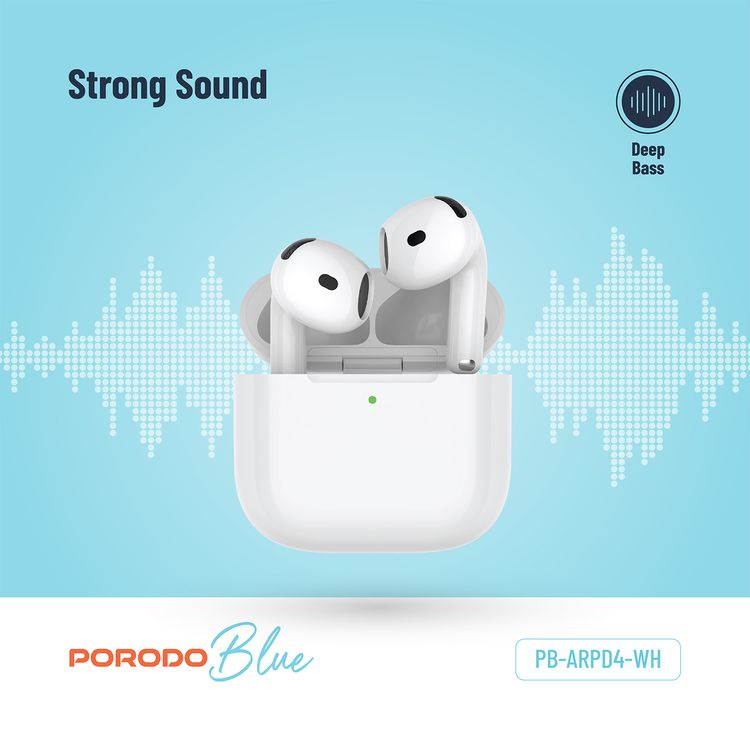 Porodo Blue ENC Earbuds 4 with 20 Hours Working Time, Wireless Charging, Deep Bass, Touch Control - White